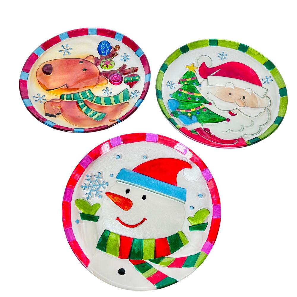 Christmas Holiday Hand Painted Glass Plates Lot of 3 Snowman Santa Reindeer 11"